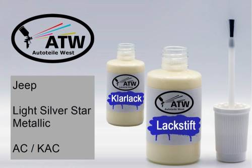 Jeep, Light Silver Star Metallic, AC / KAC: 20ml Lackstift + 20ml Klarlack - Set, von ATW Autoteile West.